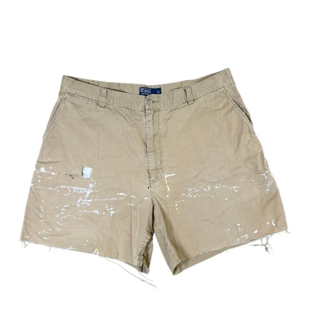 Polo Ralph Lauren Philip Shorts Tan Khaki Paint Splatter Distressed Thrashed 38